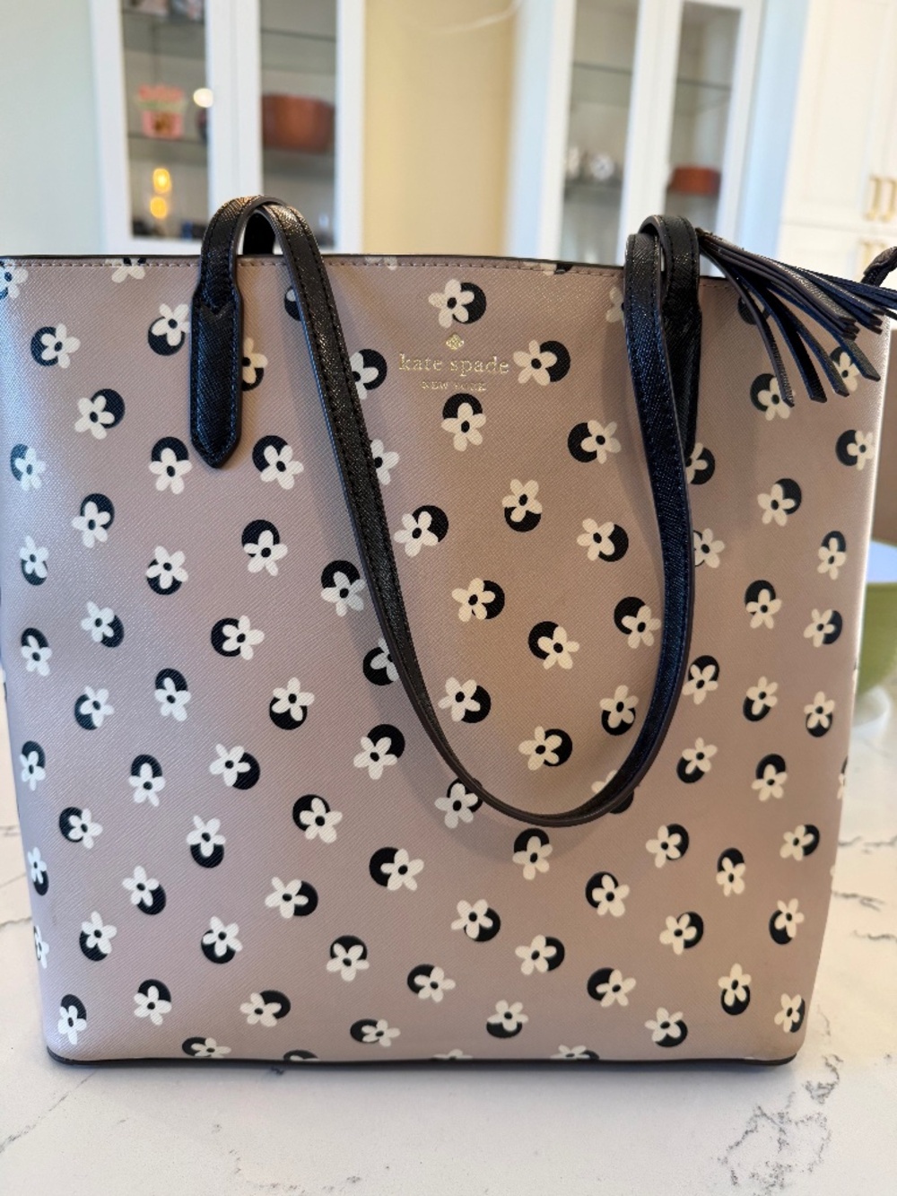 Kate Spade New York Floral Tote Bag Taupe Black White Tassel
